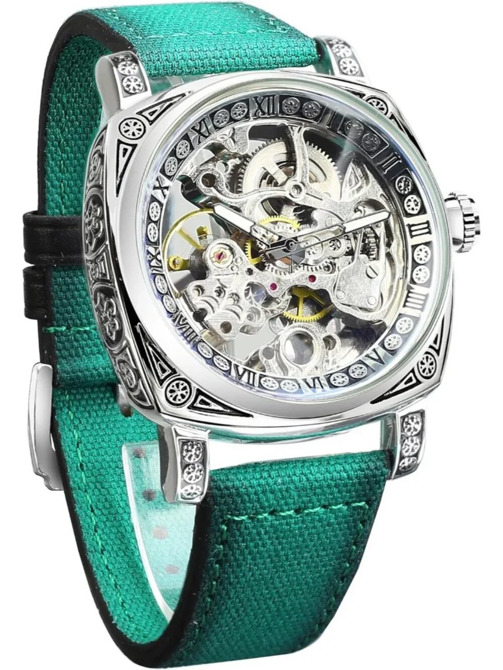 Men's Green Square Mechanical Leather Strap Self-Wind Carved Automatic Watch